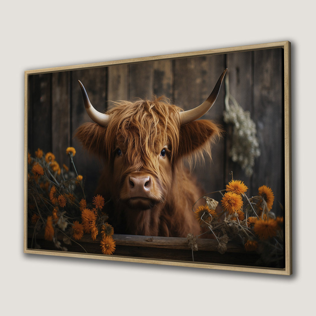 Framed Wall Art: Highland cow portrait with rustic charm. Warm, earthy tones and vibrant orange flowers create a cozy, farmhouse aesthetic. Perfect for adding character!