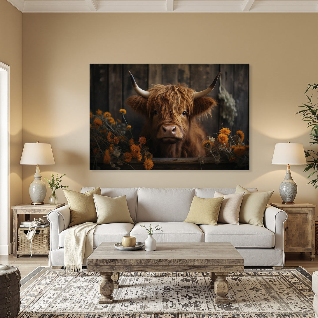 Framed Wall Art: Highland cow portrait with warm brown tones. Rustic style Canvas Print adds cozy charm to any space. Shop now!