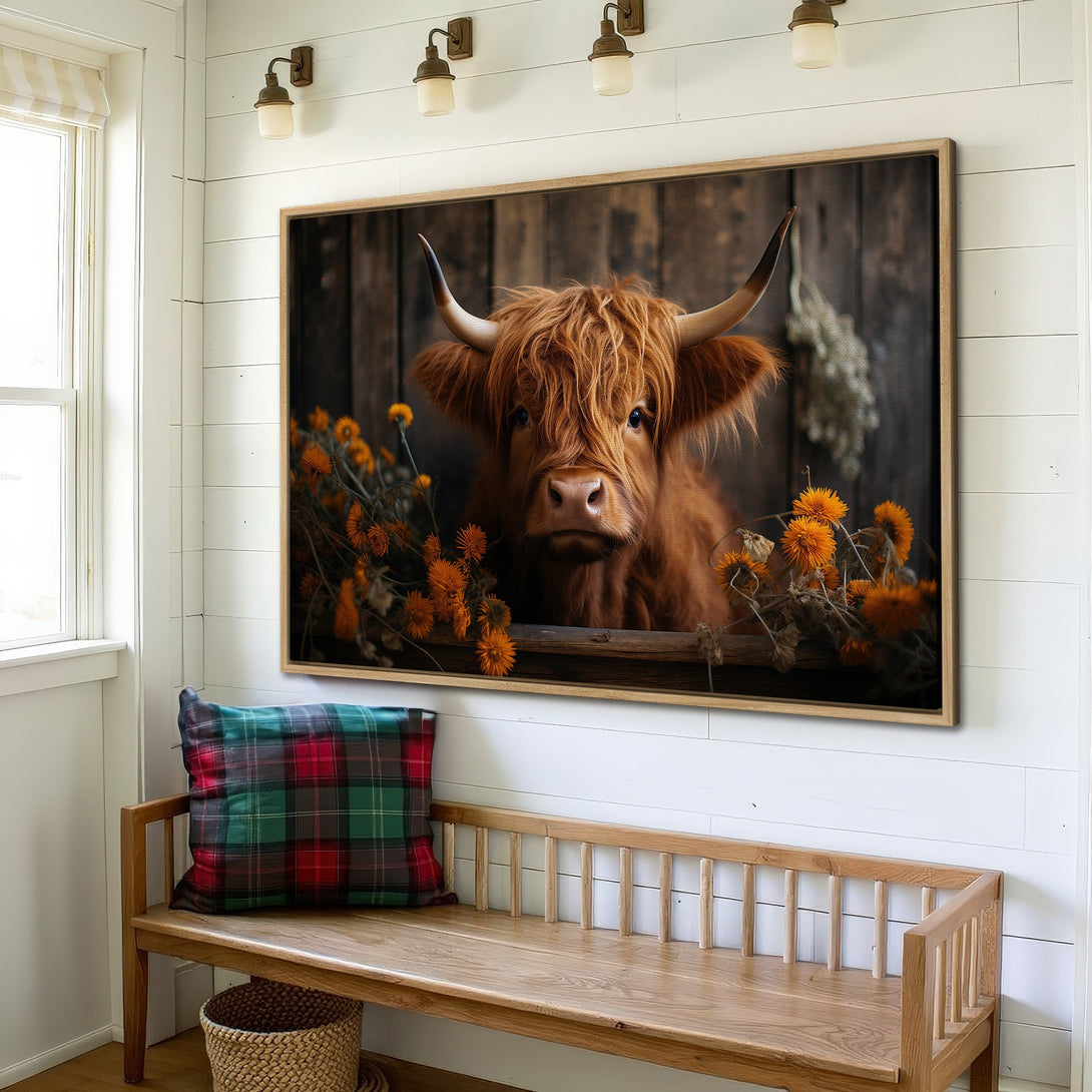 Framed Wall Art featuring a Highland cow. Rustic style with warm brown and orange tones. Perfect farmhouse decor for your home.
