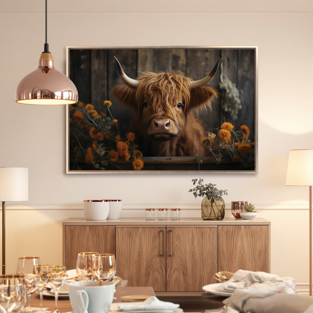 Framed Wall Art: Highland cow portrait in warm tones. Rustic style Canvas Print with brown, orange and beige palette. Perfect for farmhouse decor.
