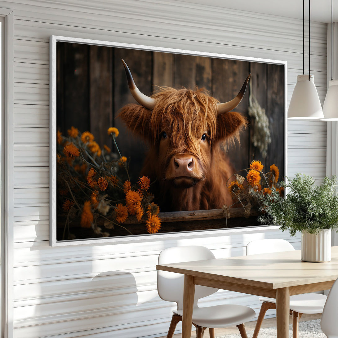 Framed Wall Art: Highland cow print with rustic charm. Warm brown and orange tones create a cozy, farmhouse aesthetic. Perfect for adding character to any space.