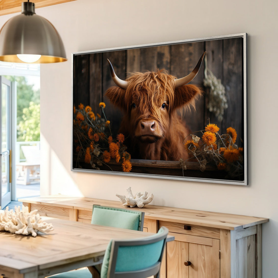 Framed Wall Art: Highland cow canvas print in rustic style, warm brown and orange tones. Perfect farmhouse decor for your home!