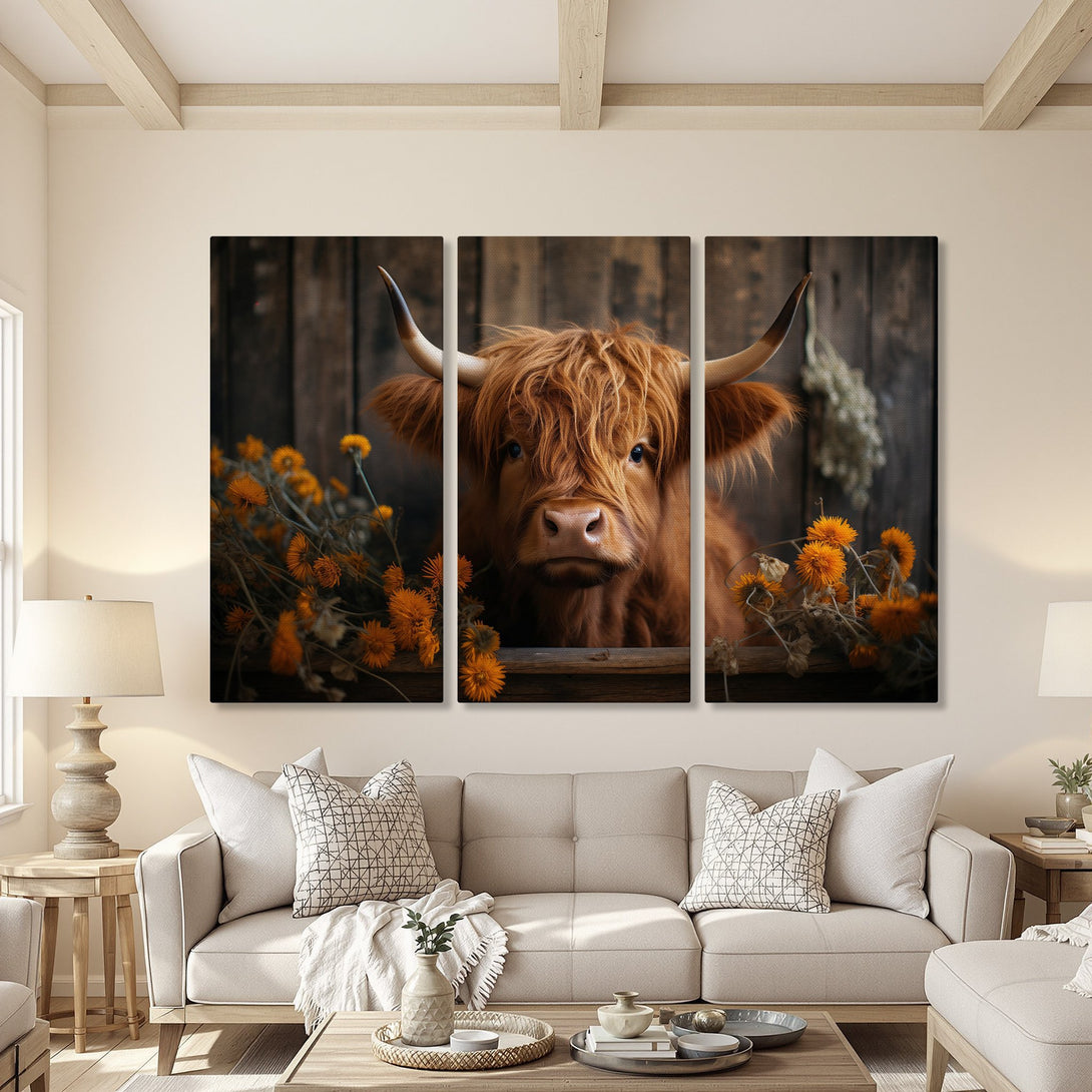 Canvas Print of a Highland cow with orange flowers, rustic style, warm earth tone palette. Perfect farmhouse wall art.