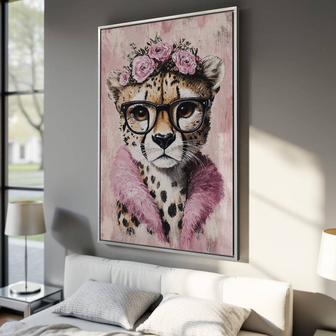 Framed Wall Art: Chic cheetah portrait with pink floral crown and glasses. Pastel color palette. Perfect for a stylish bedroom or living room decor.