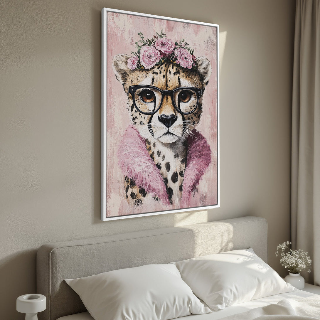 Framed Wall Art: Playful cheetah portrait in pink & neutral tones. Modern art for bedroom decor. Add a touch of whimsy with this canvas print.