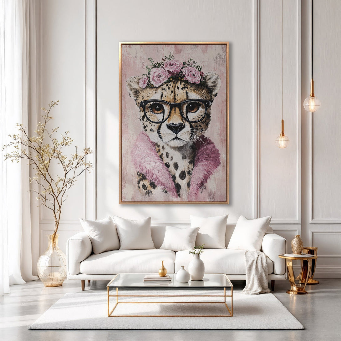 Framed Wall Art: Chic cheetah portrait in a gold frame. Stylish, modern Canvas Print with a pink and neutral color palette, perfect for any interior.