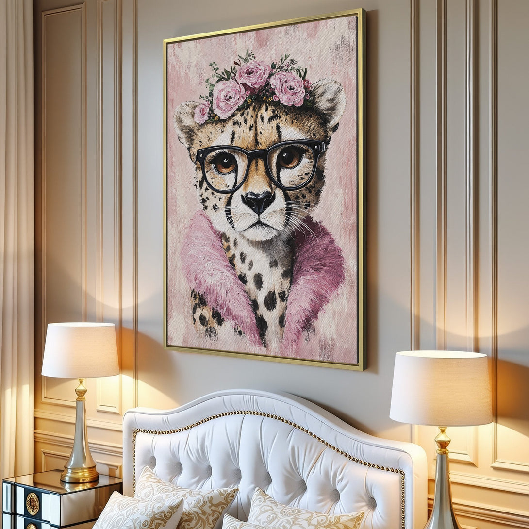 Canvas Print featuring a stylish cheetah with glasses and floral crown, in a pink and neutral color palette. Modern wall art for your home.