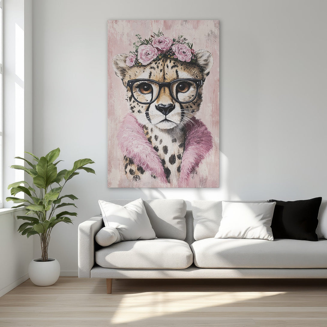 Framed Wall Art: Chic cheetah portrait with glasses and floral crown, pink and neutral tones. Perfect for adding a touch of whimsy to your space!