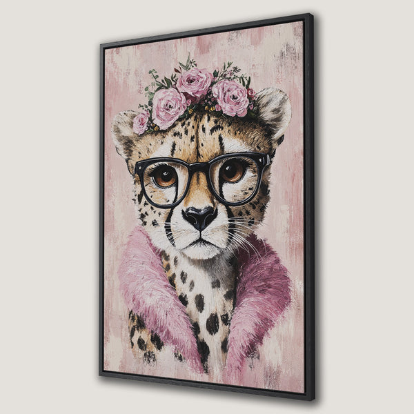 Framed Wall Art: Playful cheetah portrait with glasses and floral crown. Pastel pink color palette. Whimsical animal art for a stylish home.