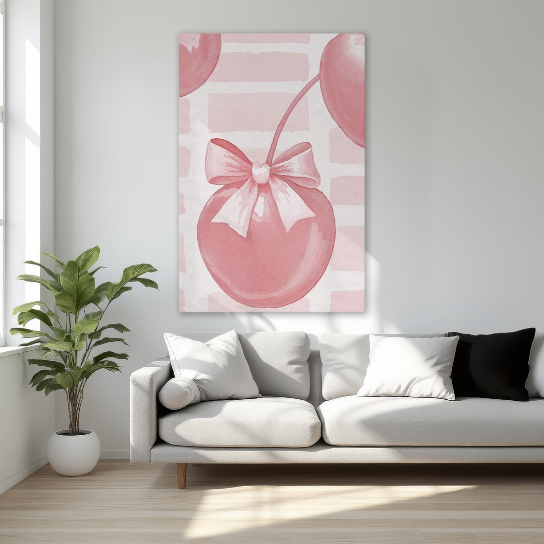 Framed Wall Art: Watercolor cherry print in pink hues. Add a touch of whimsy to your space with this elegant canvas print!