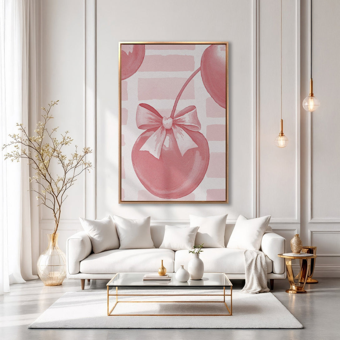 Framed Wall Art: Pink watercolor cherry print in a modern living room. Soft pink and white color palette, perfect for adding a touch of elegance.