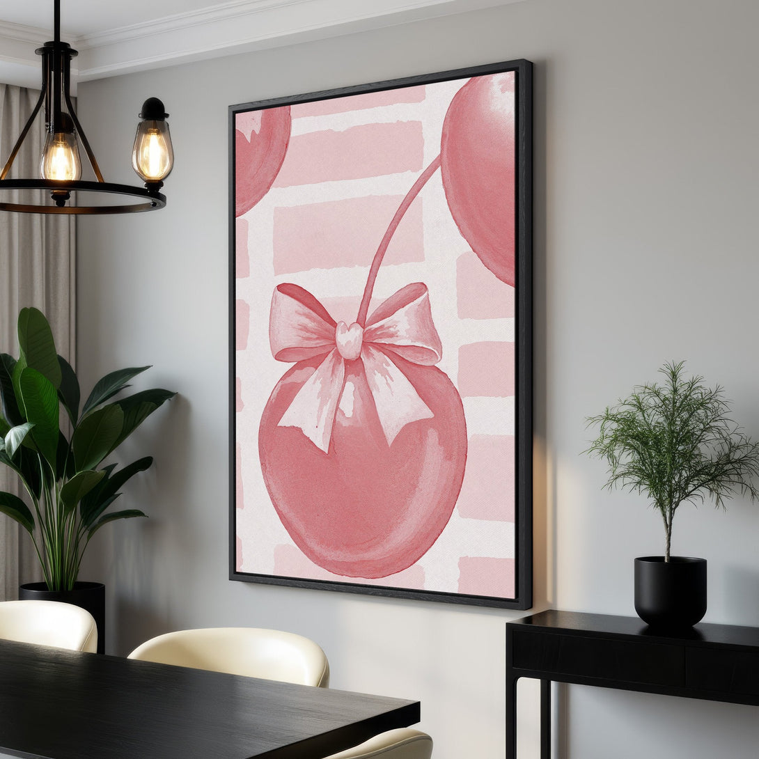 Framed Wall Art featuring a watercolor cherry with a bow in a pink and white palette, perfect for adding a touch of elegance to your dining room.