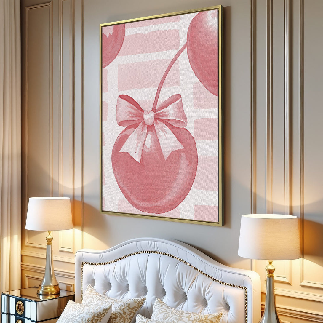 Canvas Print featuring a watercolor bow and cherry design in a soft pink palette. Perfect for adding a touch of charm to your space!