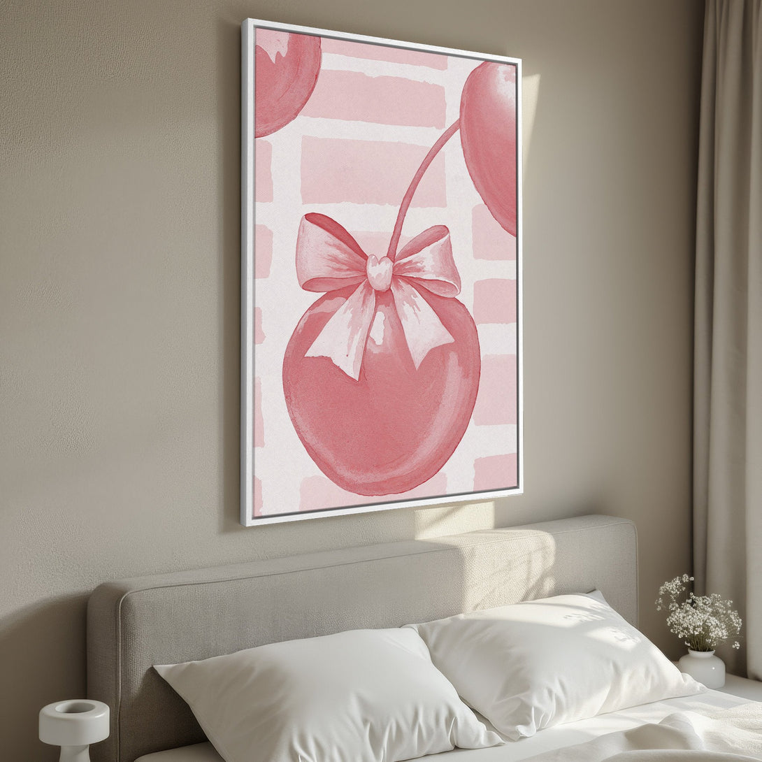 Framed Wall Art: Watercolor cherry art in a pink palette. Add a touch of whimsy to your space with this charming Canvas Print!