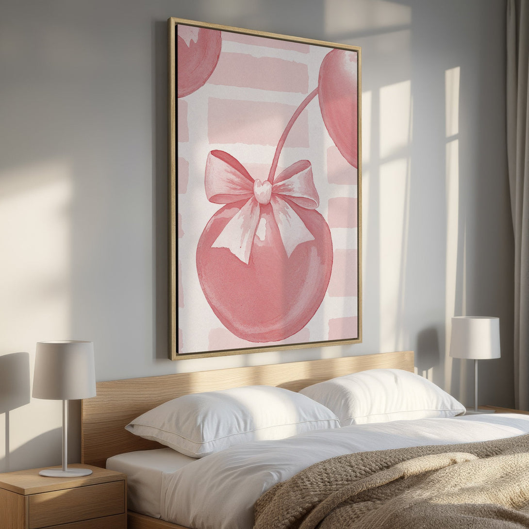 Framed Wall Art: Watercolor cherry print in pink hues. Perfect bedroom decor! Add a touch of whimsy and charm to your space with this beautiful artwork.