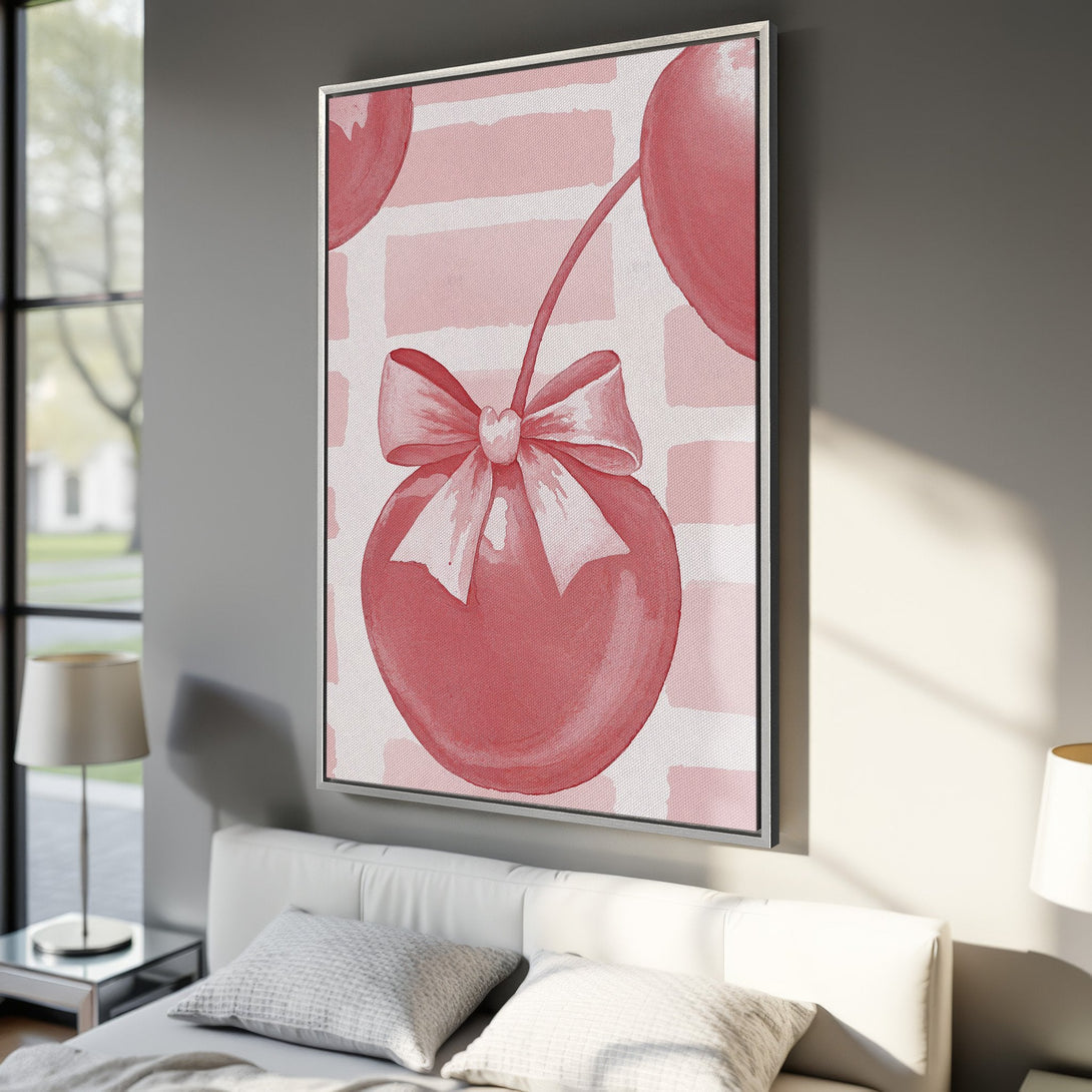 Framed Wall Art featuring a watercolor-style cherry design in a soft pink color palette. Perfect for adding a touch of charm to any room.