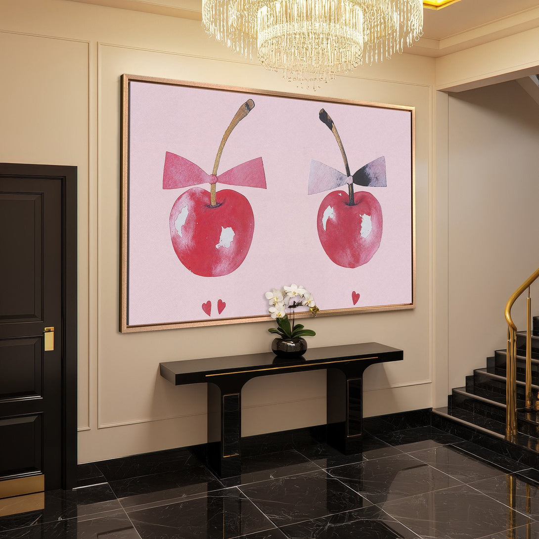 Framed Wall Art featuring watercolor cherries with bows in a pink and red palette, perfect for adding a touch of whimsy to your home decor.