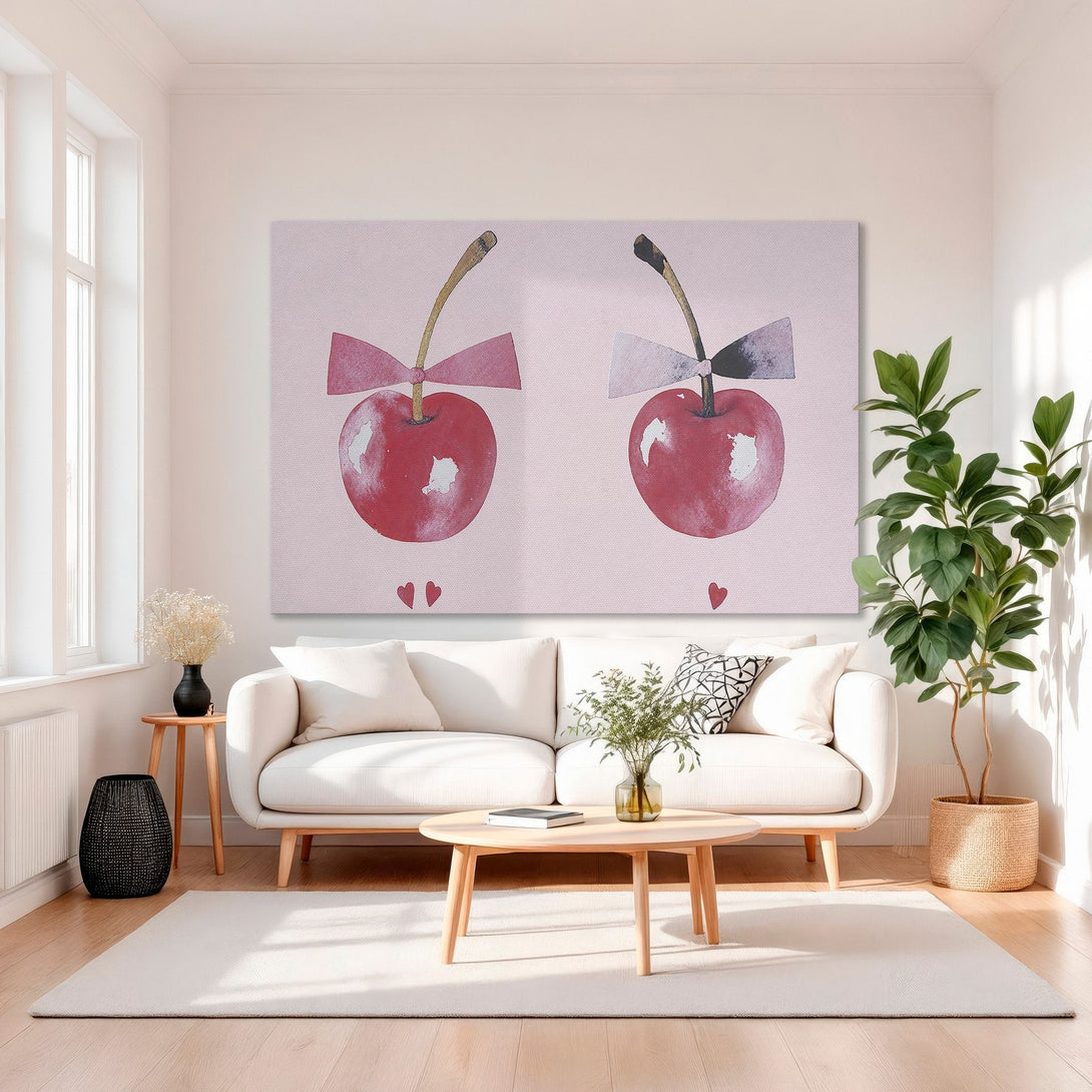 Framed Wall Art: Watercolor cherries with bows on a pink background. Whimsical style, red, pink, and gold color palette. Perfect for kitchen or dining room decor.