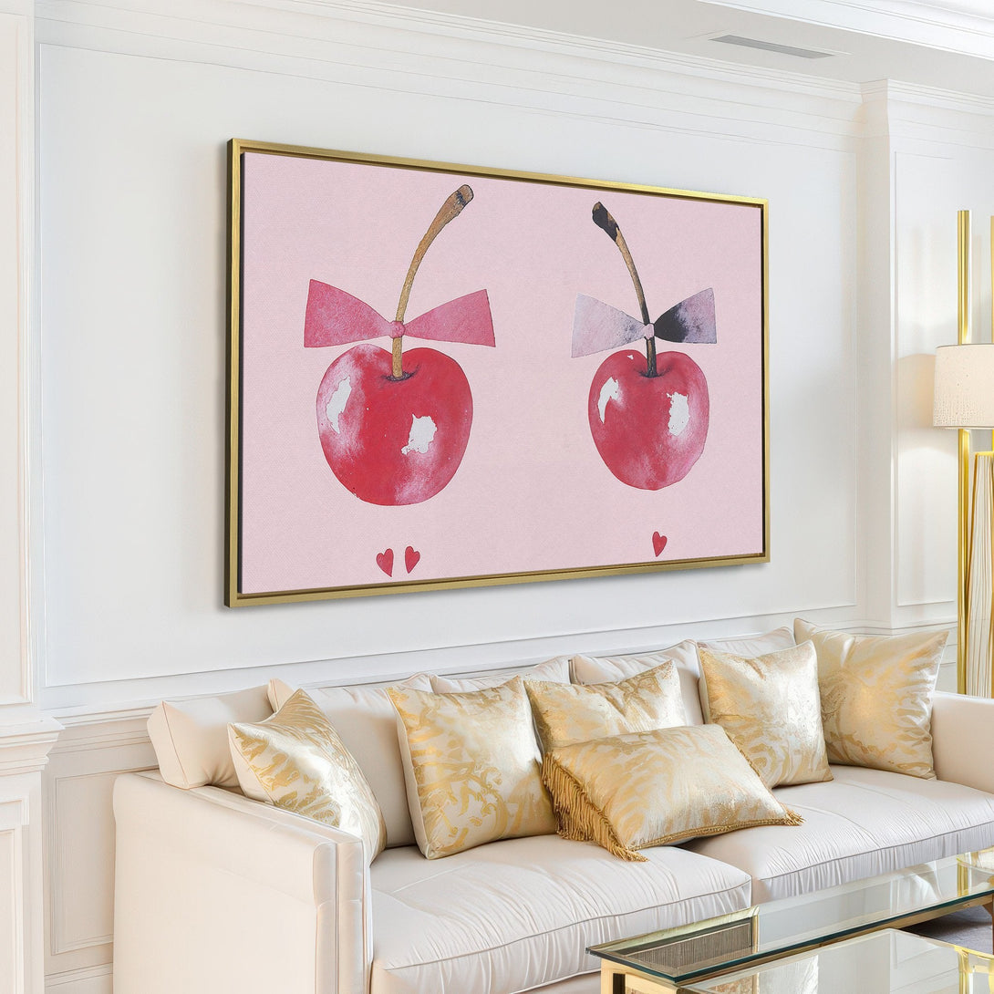 Canvas Print featuring whimsical watercolor cherries on a pink background. Modern art in a light, airy interior. Soft red and pink color palette.
