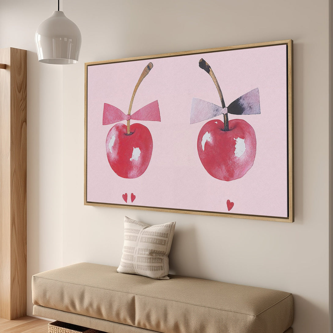 Framed Wall Art: Playful watercolor cherry print in red and pink hues. Perfect for adding a touch of whimsy to your home decor. Shop now!