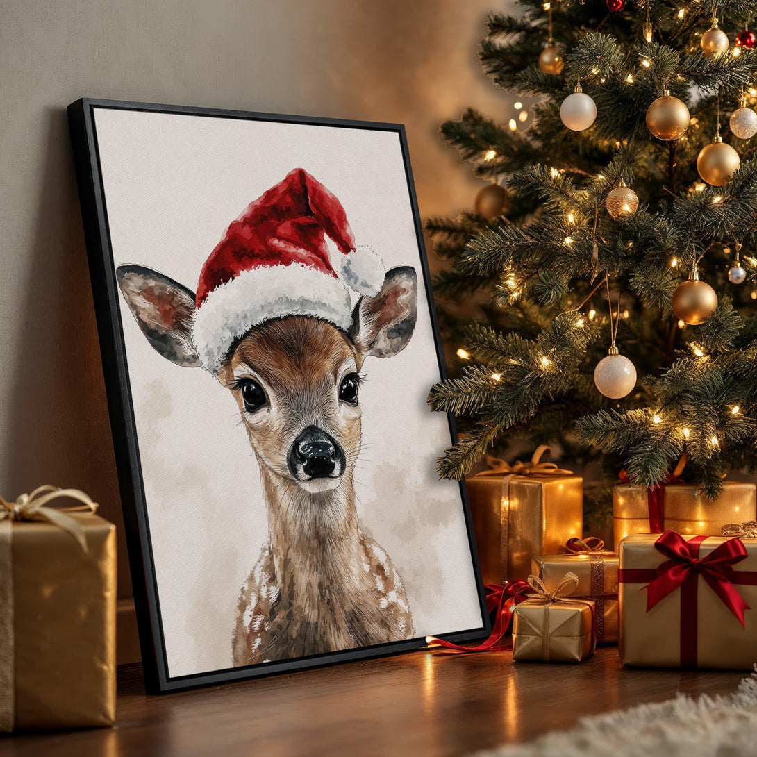 Framed Wall Art: Adorable watercolor deer in Santa hat. Warm, festive holiday decor with brown, red, and gold color palette. Perfect Christmas gift!