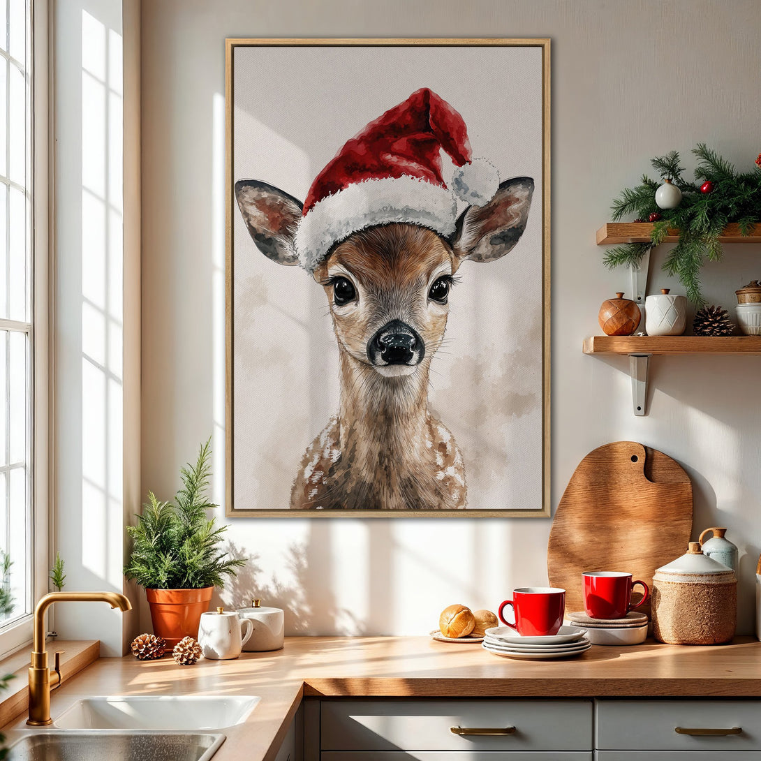 Framed Wall Art: Watercolor deer in Santa hat. Warm, inviting color palette. Perfect Christmas decor for your home!
