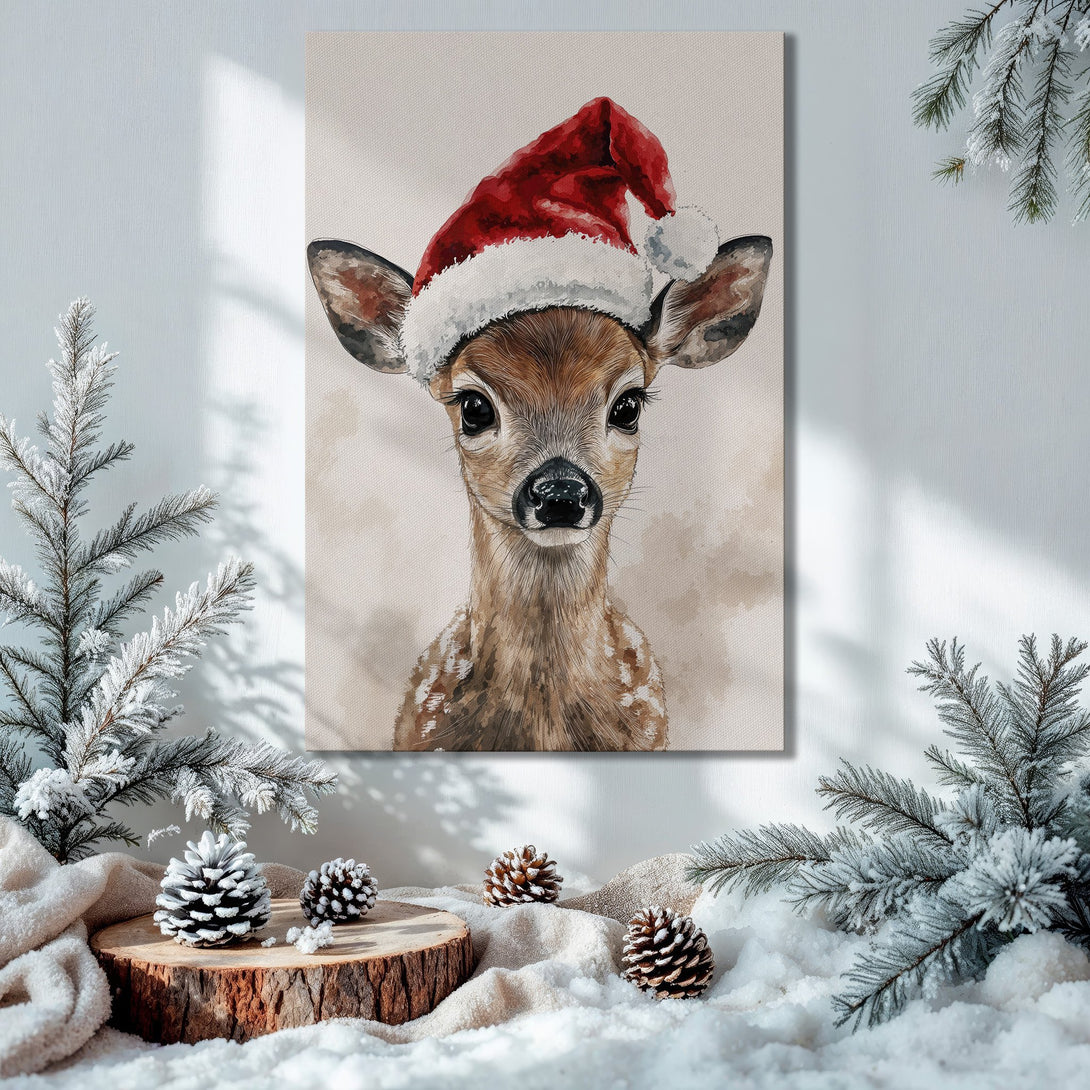 Framed Wall Art: Watercolor deer in Santa hat. Warm, inviting Christmas decor with green, gold, and red color palette. Perfect holiday gift!