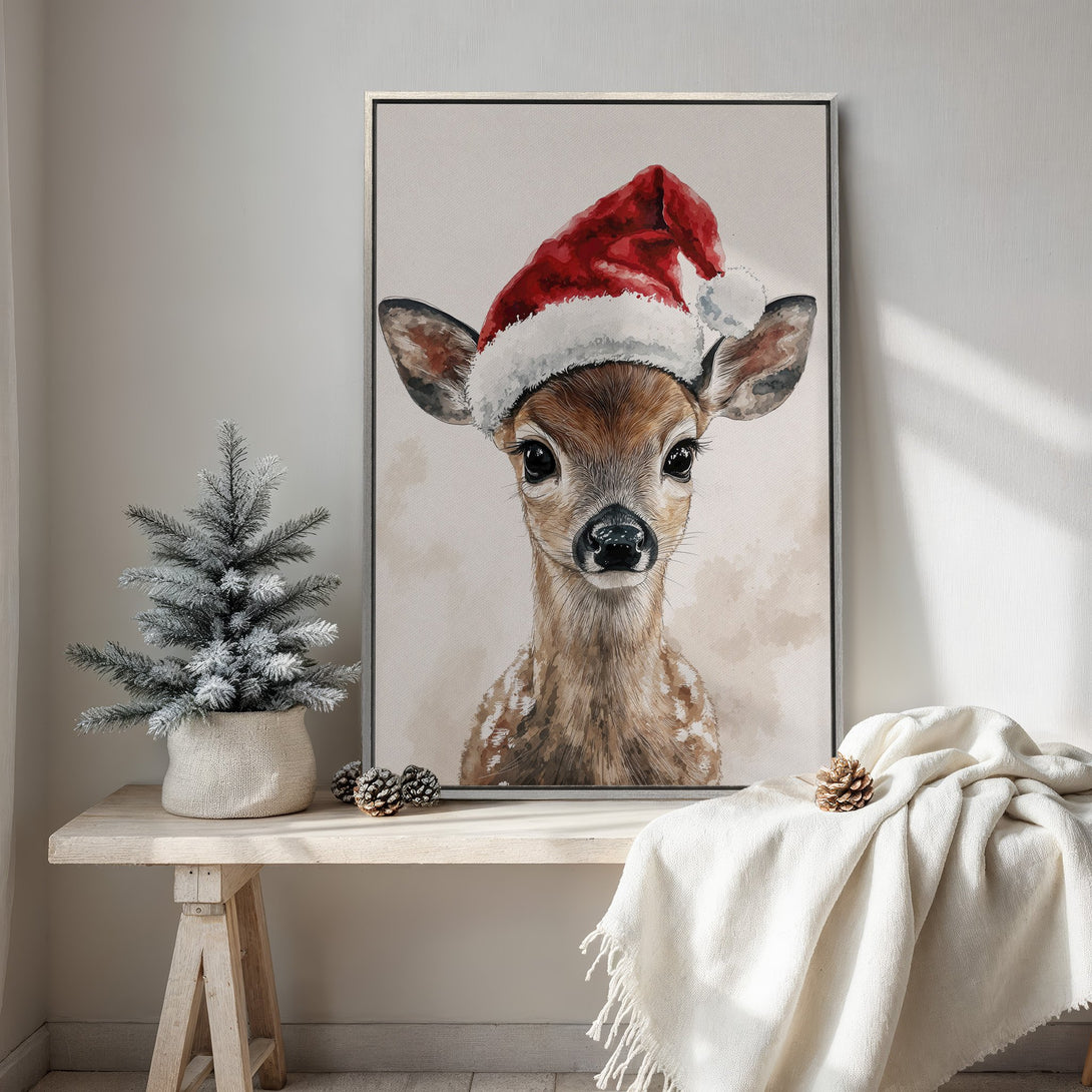 Framed Wall Art: Watercolor deer in Santa hat. Neutral color palette. Perfect Christmas decor. Cozy and festive.