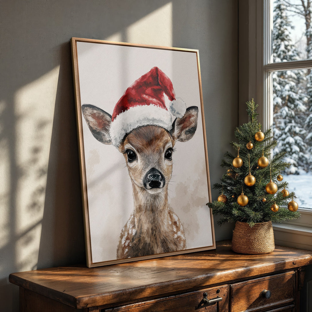 Framed Wall Art: Watercolor deer in Santa hat. Rustic style, warm brown & red palette. Perfect Christmas decor for a cozy, inviting space.