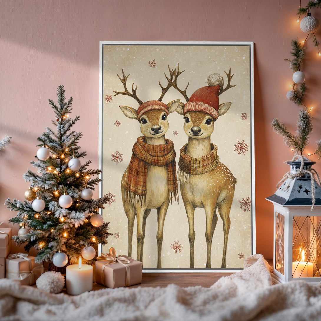 Framed Wall Art featuring adorable deer in hats and scarves. Warm, cozy color palette with hints of red and brown. Perfect for Christmas decor!