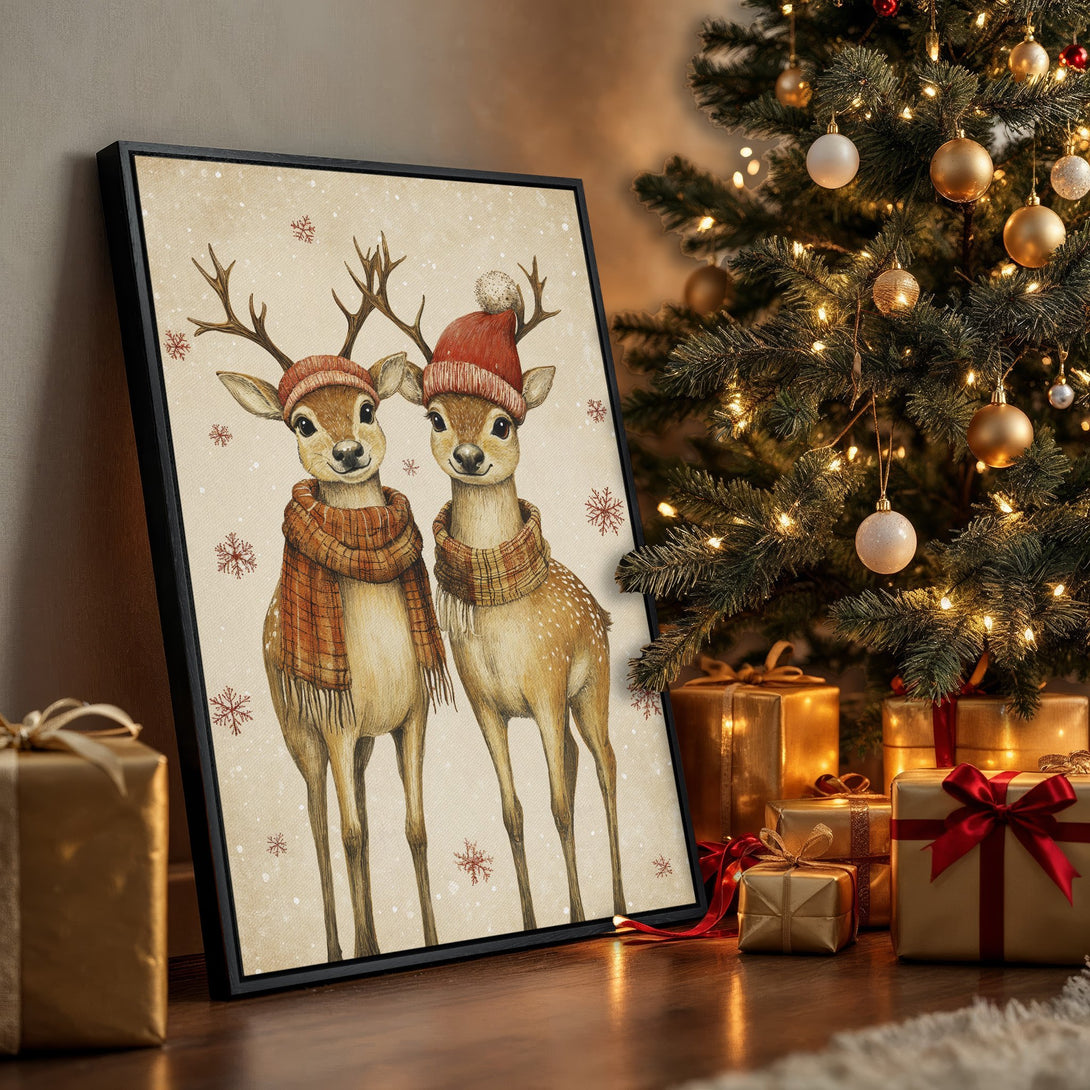 Framed Wall Art featuring charming watercolor deer in winter hats and scarves. Warm, festive color palette perfect for holiday decor.
