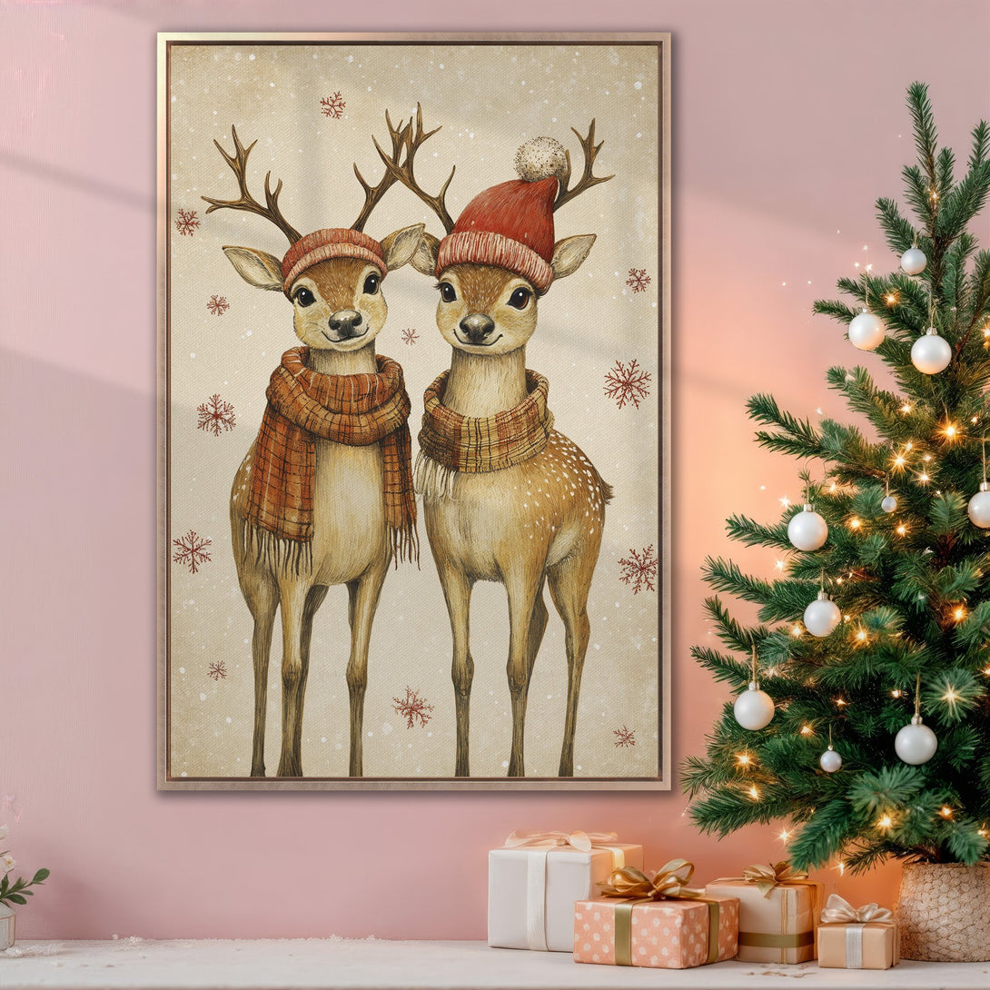 Framed Wall Art: Adorable watercolor deer in winter hats and scarves. Warm neutral tones with pops of red, perfect for Christmas decor. Bring holiday cheer home!