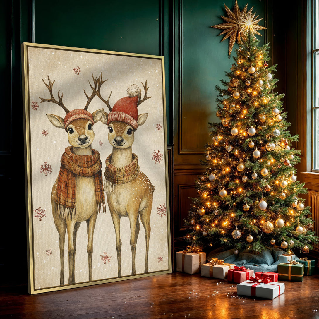 Canvas Print featuring adorable watercolor deer in red and orange winter attire, perfect for holiday decor.