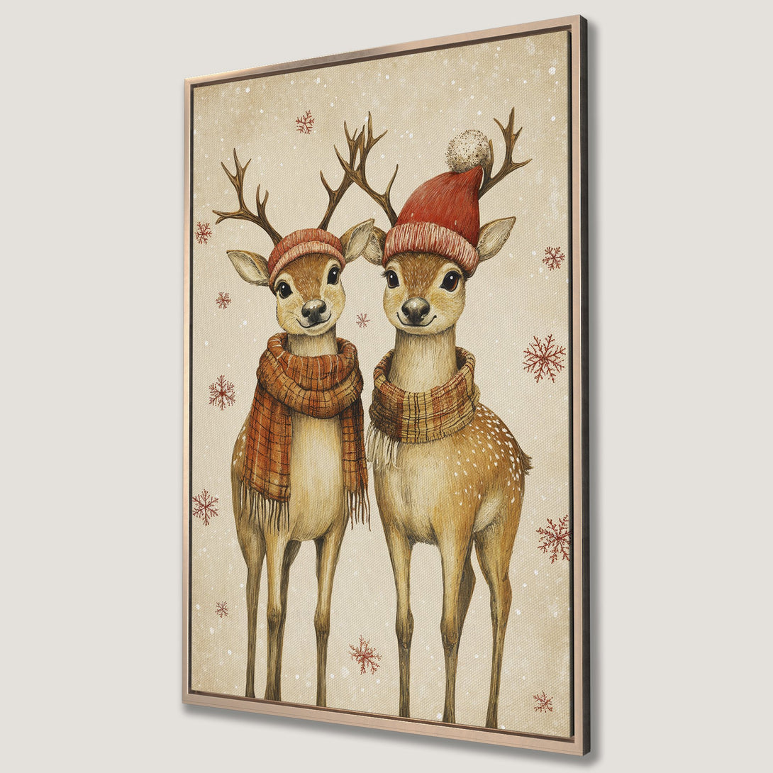 Framed Wall Art featuring adorable watercolor deer in winter hats and scarves. Warm beige, orange, and brown color palette. Perfect holiday decor!