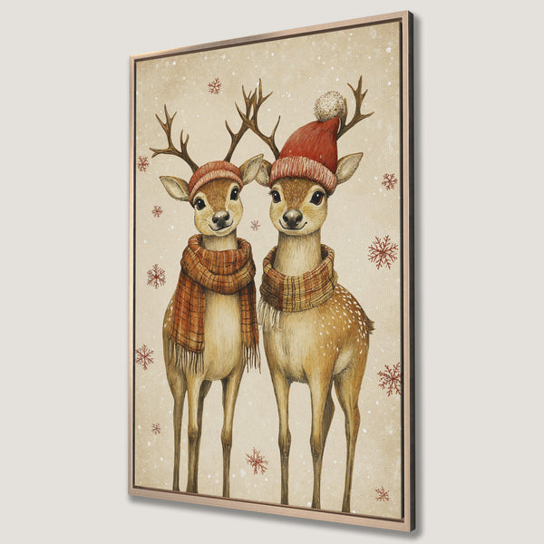Framed Wall Art featuring adorable watercolor deer in winter hats and scarves. Warm beige, orange, and brown color palette. Perfect holiday decor!