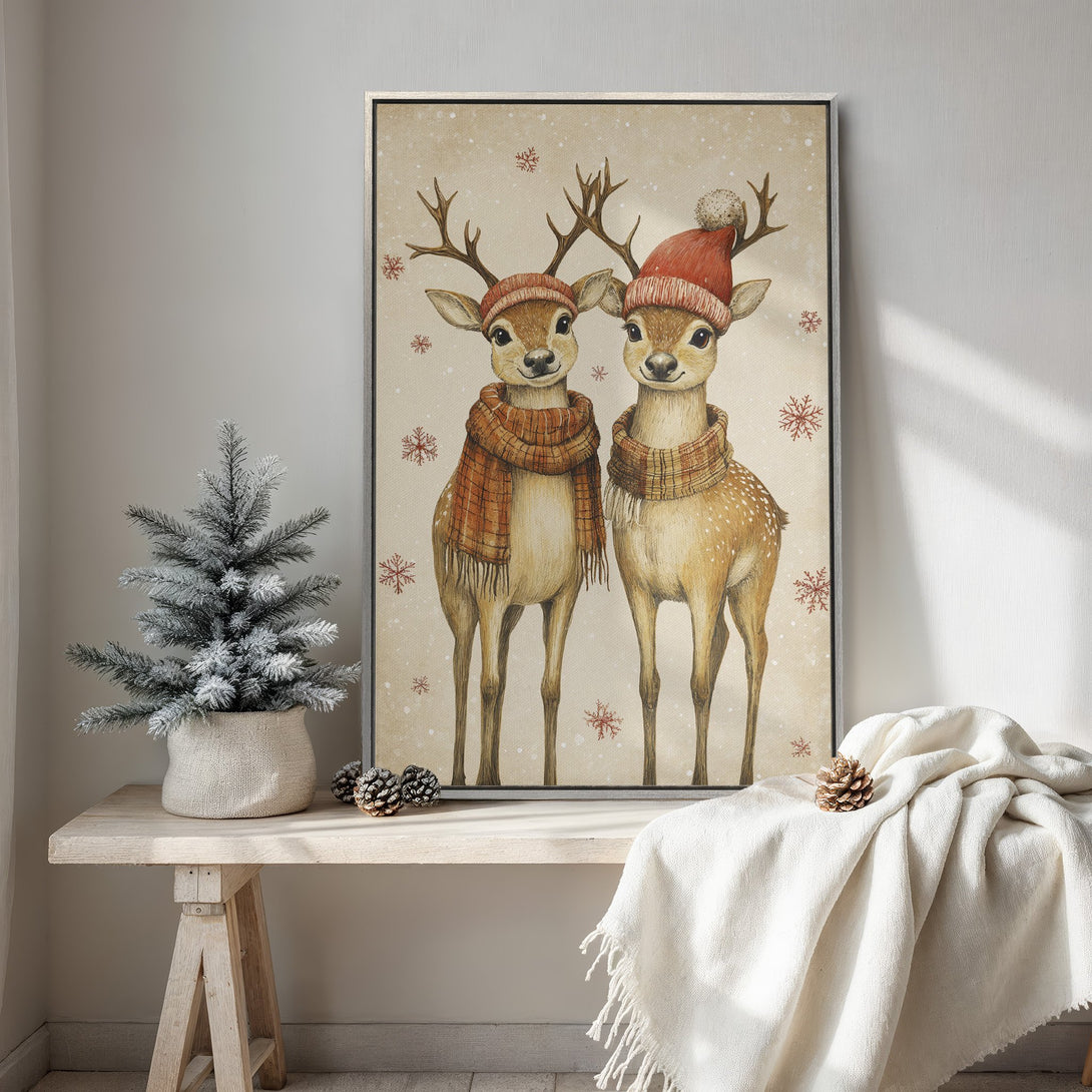 Framed Wall Art: Watercolor deer in winter hats & scarves. Rustic style, warm neutral palette. Perfect for cozy holiday decor.