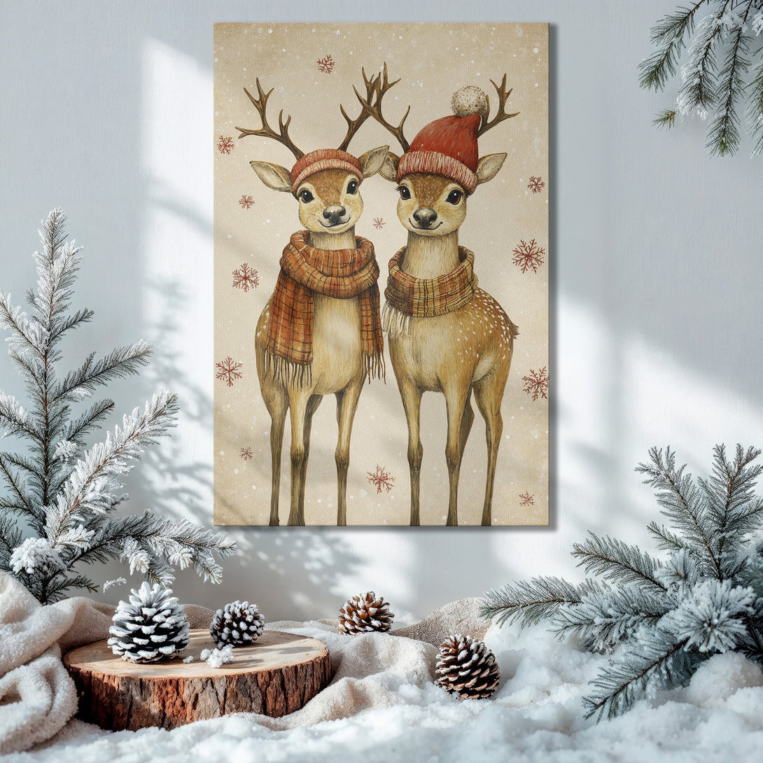 Framed Wall Art: Adorable deer in hats & scarves, cozy winter scene. Warm, inviting color palette. Perfect holiday decor.