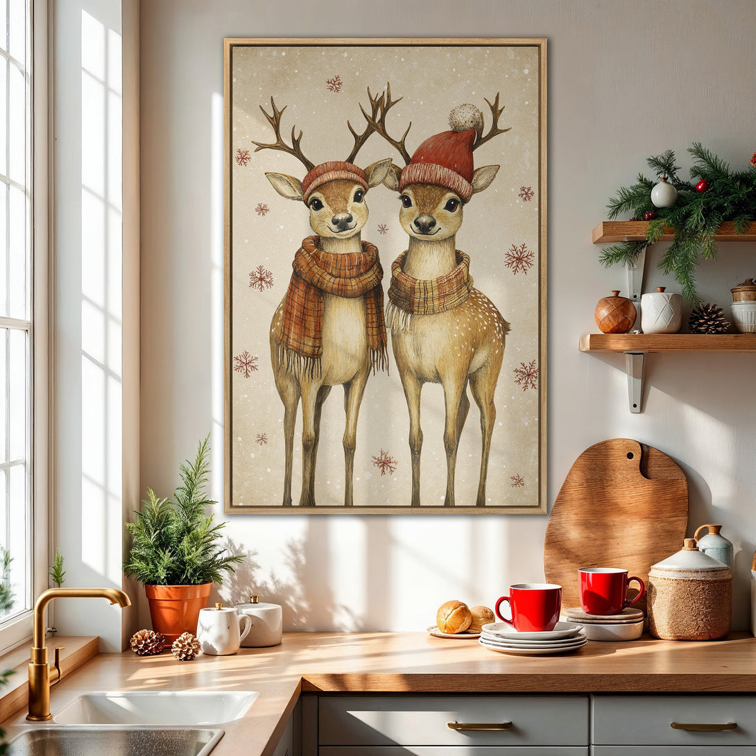 Framed Wall Art: Adorable deer in cozy hats & scarves. Warm, inviting color palette. Perfect Christmas decor for your home. Shop now!