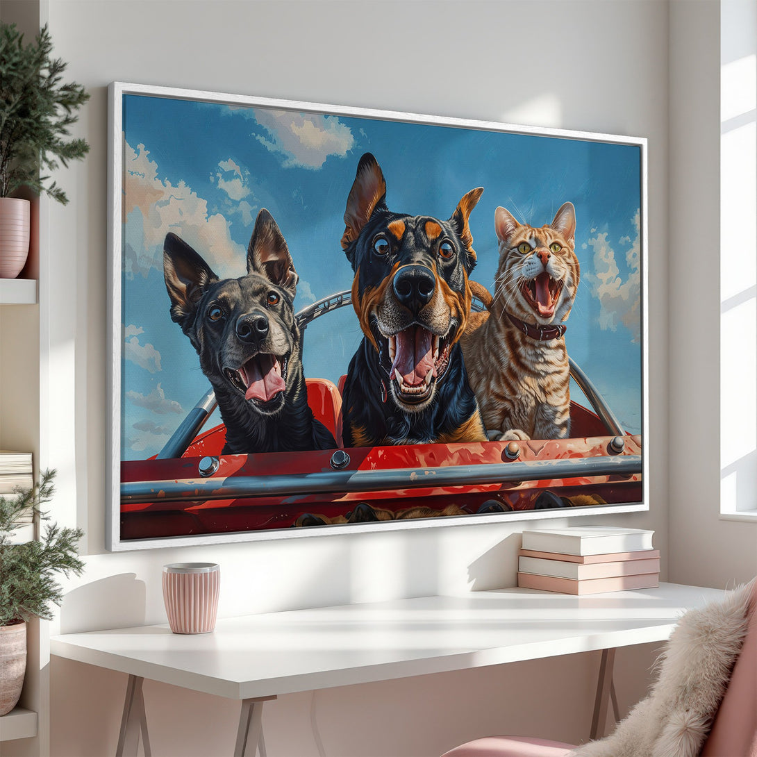 Framed Wall Art: Whimsical painting of dogs and a cat in a car, with a blue sky background. Vibrant colors and a fun, expressive style. Perfect for pet lovers!