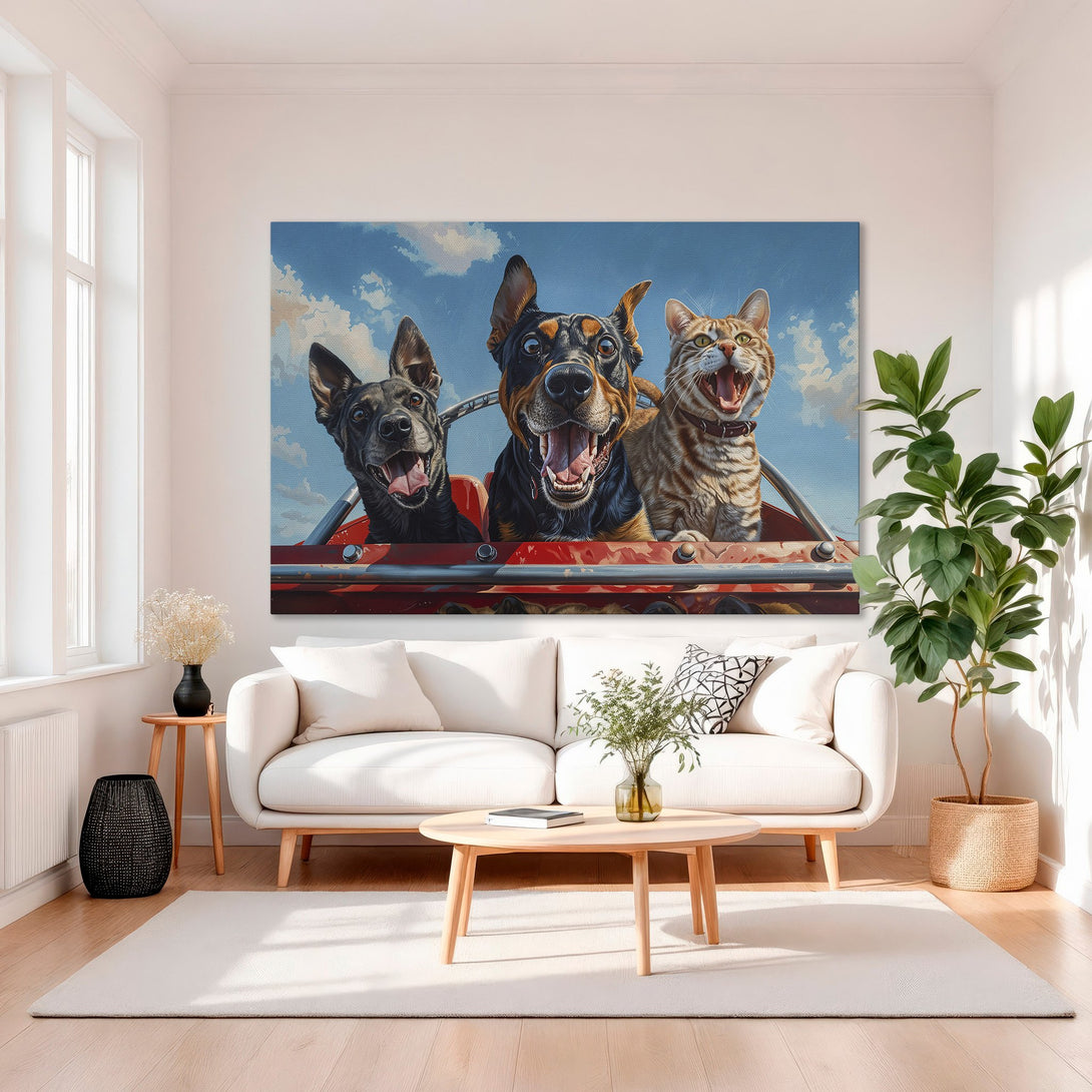 Framed Wall Art: Whimsical painting of dogs & cat in a red car against a blue sky. Vibrant colors, perfect for adding fun to your home decor.