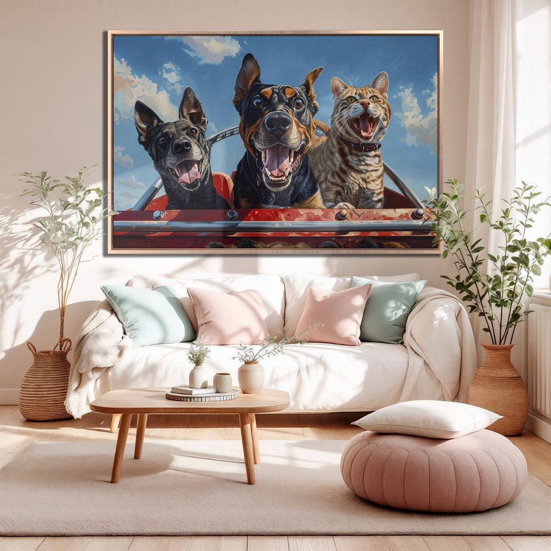 Framed Wall Art of happy dogs and cat in a car, vibrant blue sky background. Modern, colorful Canvas Print with playful, joyful vibes.