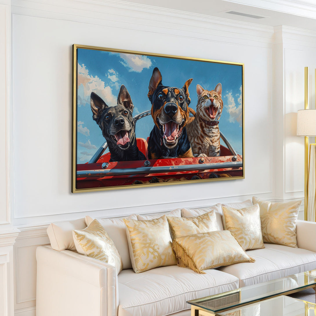 Canvas Print featuring dogs and a cat in a car, vibrant and playful art with a blue sky background, perfect for pet lovers.