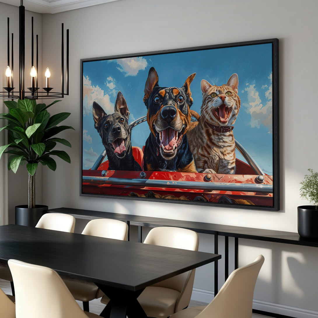 Framed Wall Art featuring a fun illustration of dogs and a cat in a car, with a blue sky backdrop. Vibrant colors and a playful style perfect for any room.