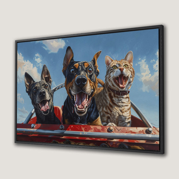 Framed Wall Art: Funny animal portrait of dogs and a cat in a red car, against a blue sky. Whimsical art with a vibrant color palette.