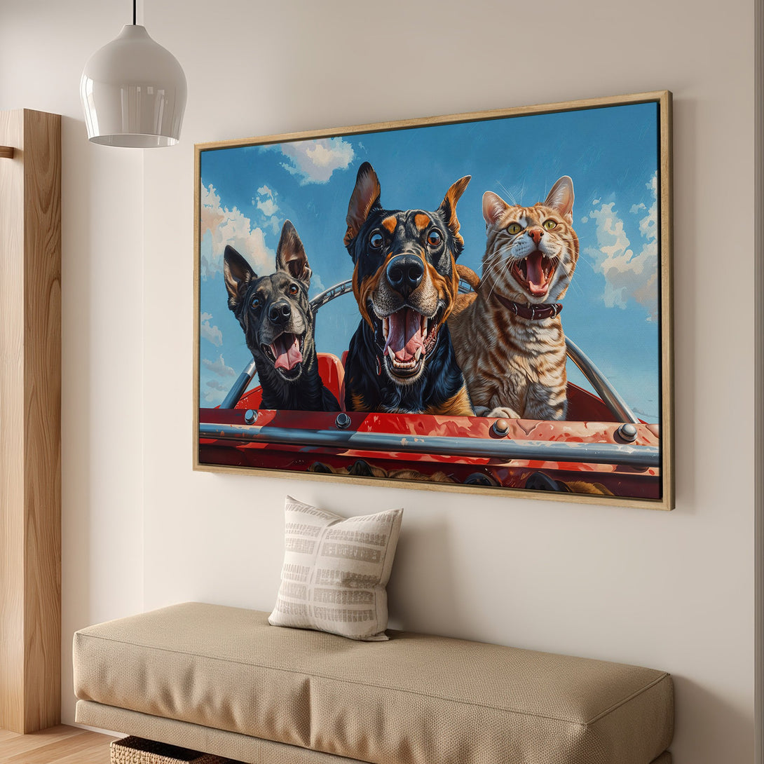 Framed Wall Art: Whimsical illustration of dogs and a cat in a red car against a blue sky. Playful art with vibrant colors for home decor.