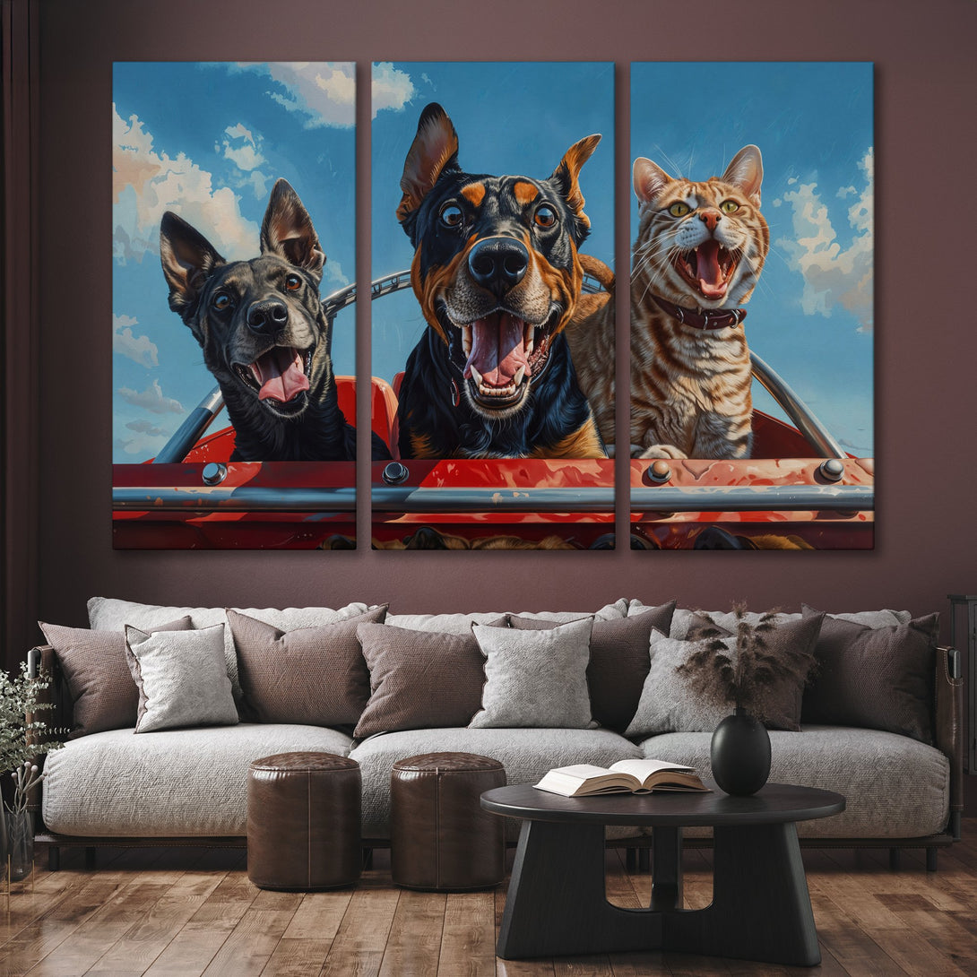 Canvas Print of happy dogs and cat in a red car, vibrant blue sky background. Fun wall art, perfect for pet lovers.