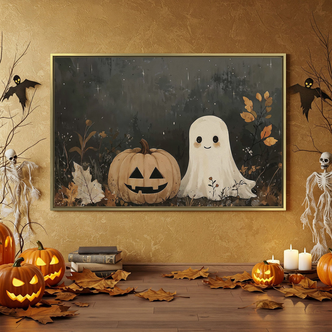 Halloween Canvas Print with pumpkin and ghost art. Dark, moody color palette. Perfect for spooky home decor!