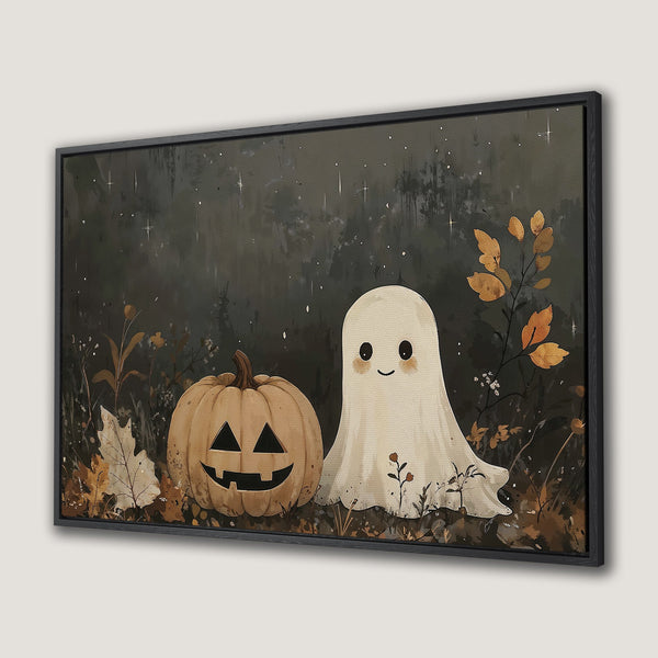 Framed Wall Art: Adorable Halloween scene with a ghost and pumpkin in a whimsical style. Earthy tones and a dark, moody background create a cozy fall vibe.