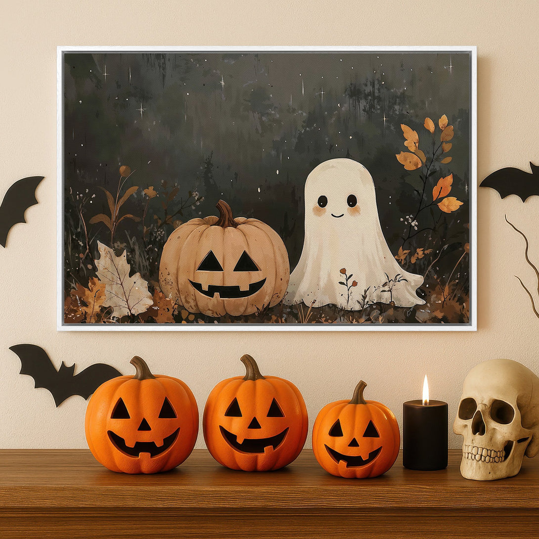 Framed Wall Art: Adorable Halloween Canvas Print featuring a friendly ghost and jack-o'-lanterns in a whimsical, autumnal color palette. Perfect for spooky season decor!