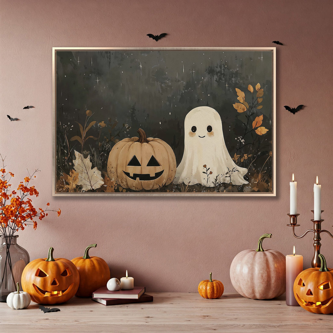 Framed Wall Art: Cute Halloween scene with pumpkin and ghost. Watercolor style, warm autumnal tones. Perfect spooky decor!